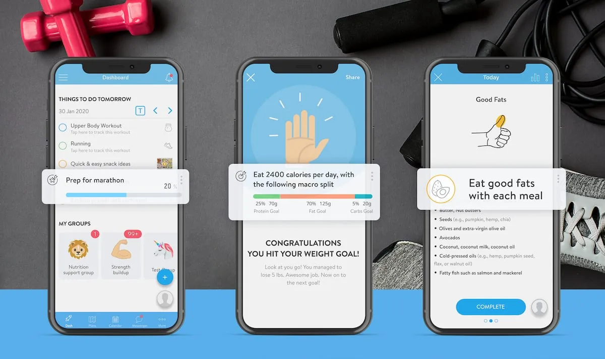 Three phone screens from a coaching app showing tasks, a calorie and macro target, and a nutrition tip