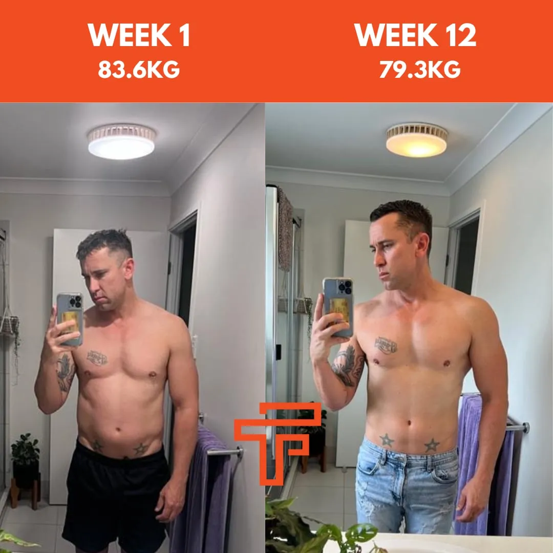 Michael’s week 1 and week 12 progress photos: 83.6 kg to 79.3 kg