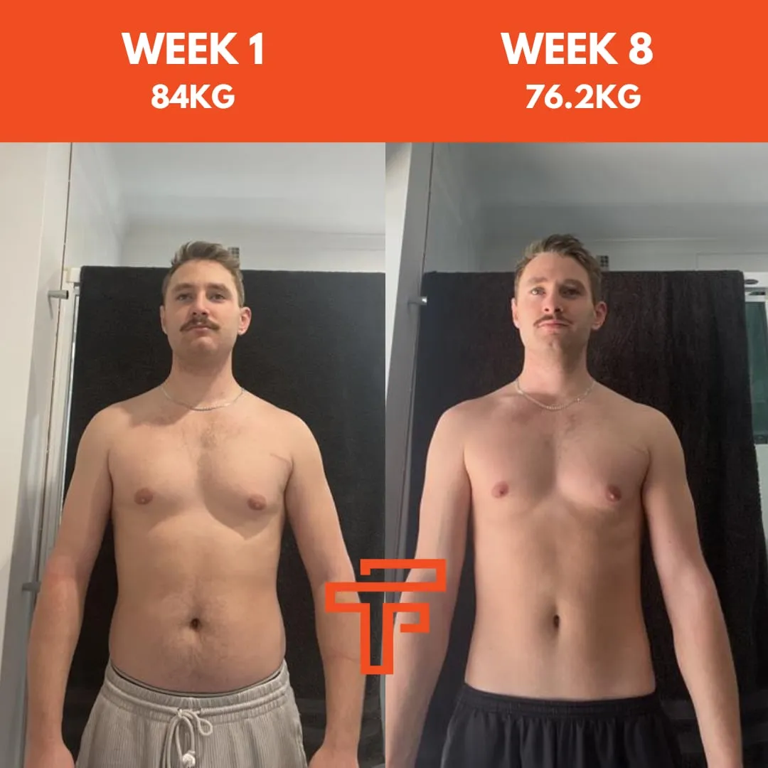Josh’s week 1 and week 8 progress photos: 84 kg to 76.2 kg