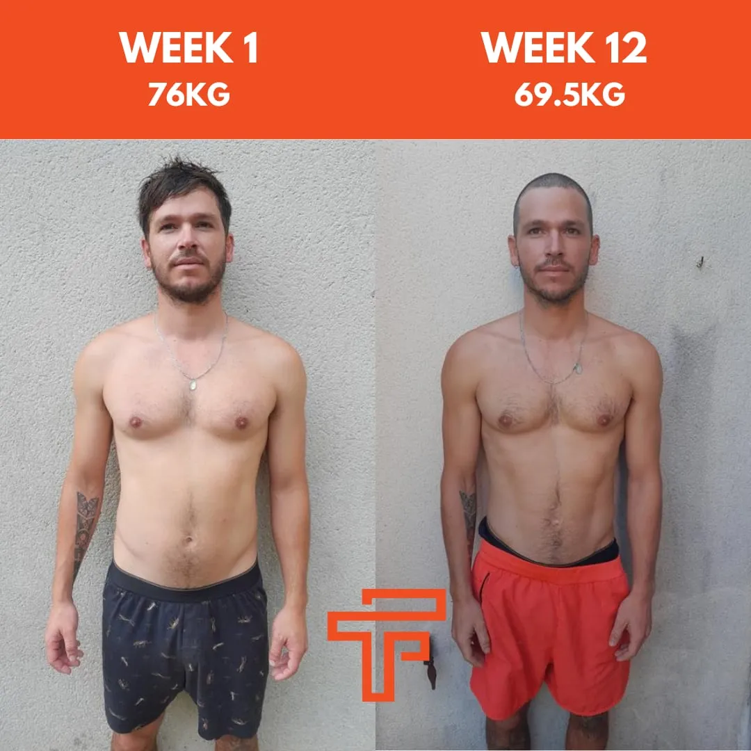Aldric’s week 1 and week 12 progress photos: 76 kg to 69.5 kg